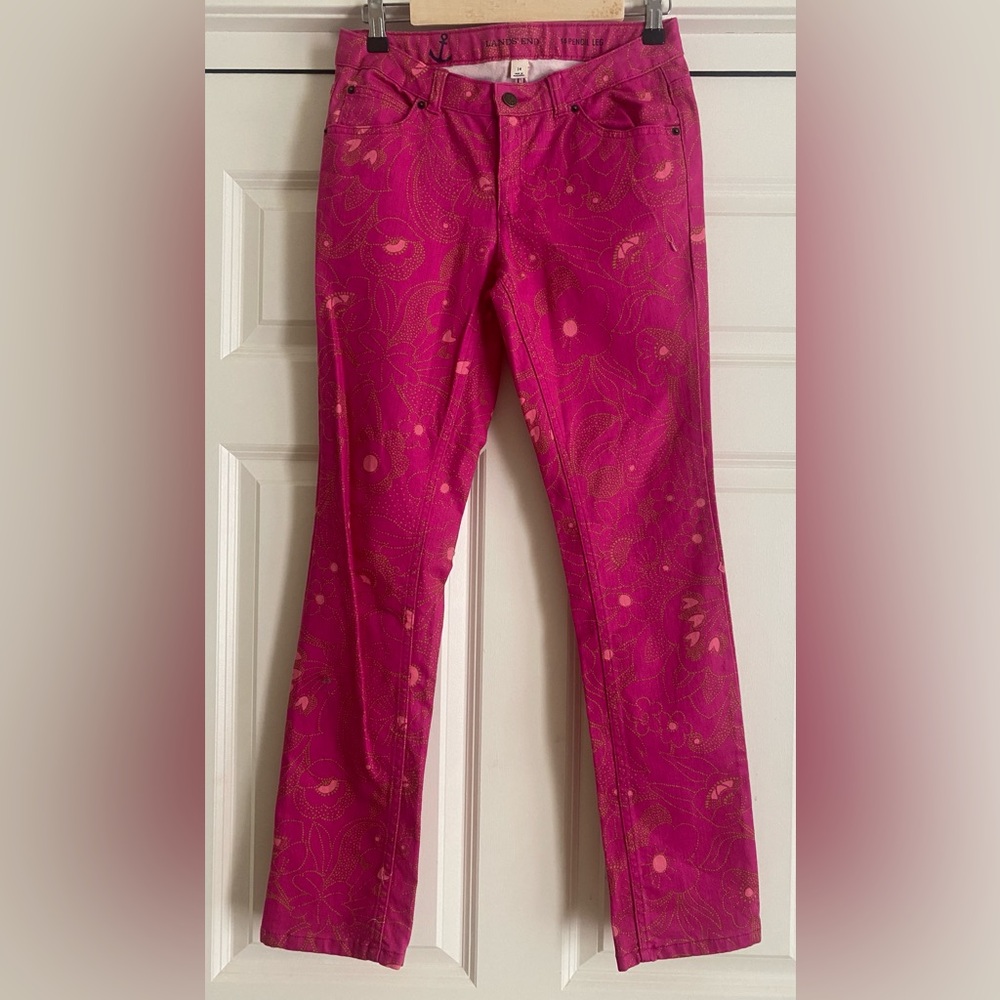 Lands’ End Pink Floral Pencil Leg Jeans Girl Size 14 Back To School